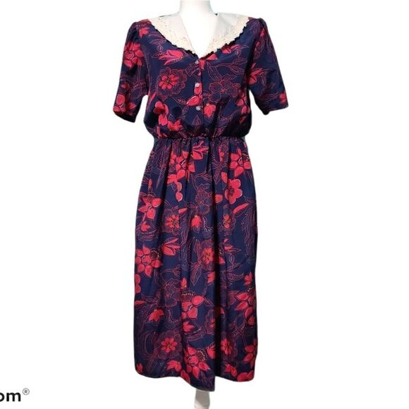 Vintage Secretary Geek Floral Navy Cherry Red Dress White Laced Collar Medium - Picture 2 of 12